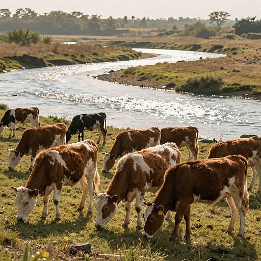 Grazing Calves by Sparkling River