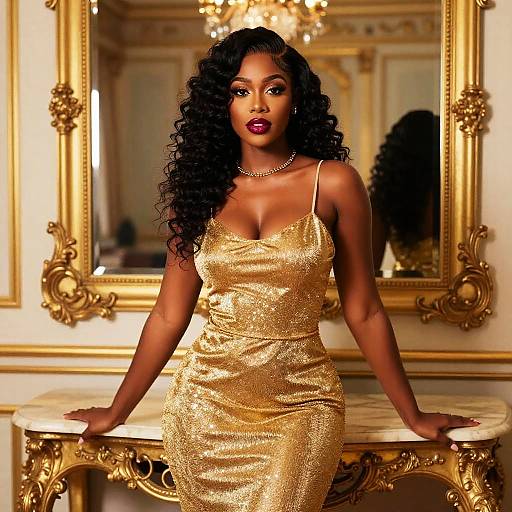 Photograph of a beautiful Black woman with long curly hair, wearing a shimmering gold dress, standing in an opulent room with ornate gold-fr