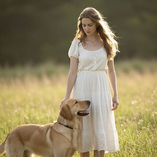 Photograph of a young woman with long brown hair in a white dress standing in a sunlit meadow, gazing down at a golden retriever