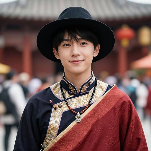 Photograph of a young Asian man with black hair, wearing a black hat, traditional black and red embroidered robe, and intricate gold-beaded necklace,