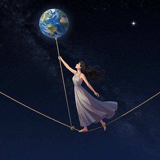 Digital art: A woman in a flowing white dress balances on a tightrope, holding a rope to a planet in a starry, dark blue