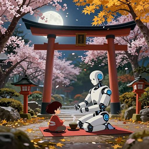 Digital anime-style illustration of a young boy sitting on a red mat with a white robot under a torii gate at night, surrounded by cherry blossoms