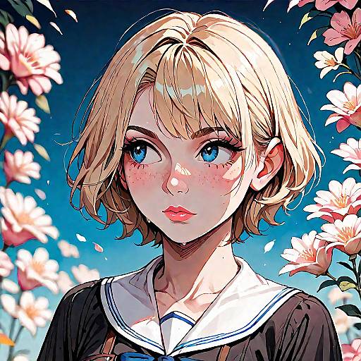 Digital anime-style portrait of a blonde girl with blue eyes, freckles, and a sailor uniform, surrounded by pink flowers against a blue sky.