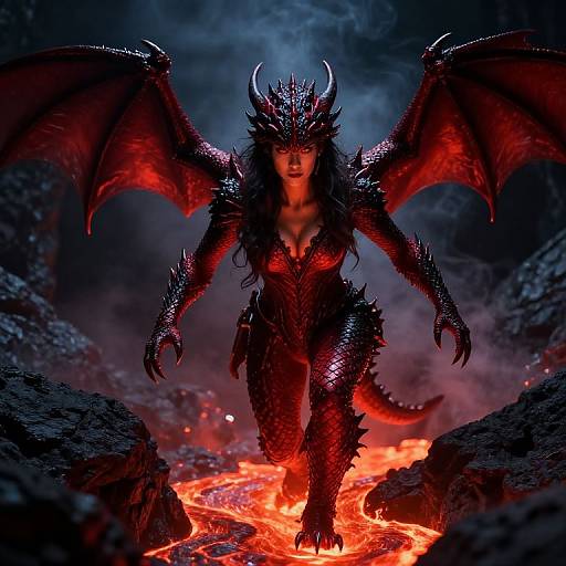 Digital artwork of a fierce, red-scaled, horned demon woman with large wings, flowing black hair, and glowing red eyes, emerging from a