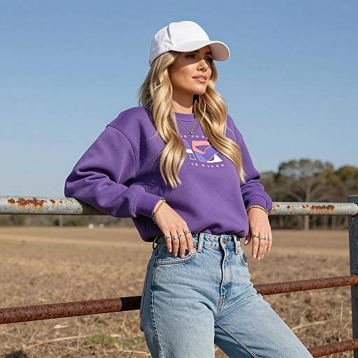 Blonde Woman in Purple Sweatshirt Leaning on Fence