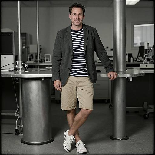 Photograph of a smiling, dark-haired man in a black blazer, striped shirt, beige shorts, and white sneakers, leaning against a lab workstation