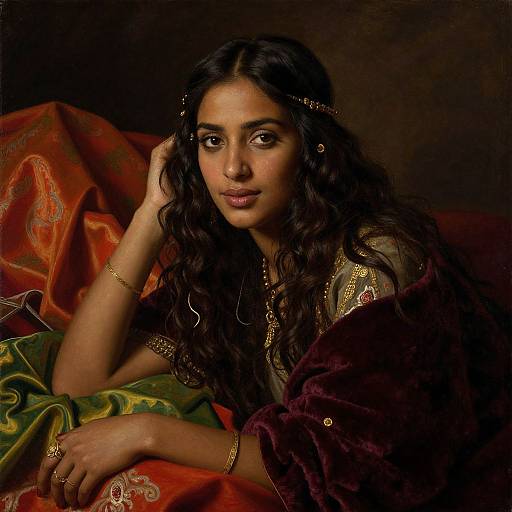 Photograph-style digital painting of a beautiful South Asian woman with long, wavy black hair, wearing gold jewelry and rich, dark velvet and silk fabrics
