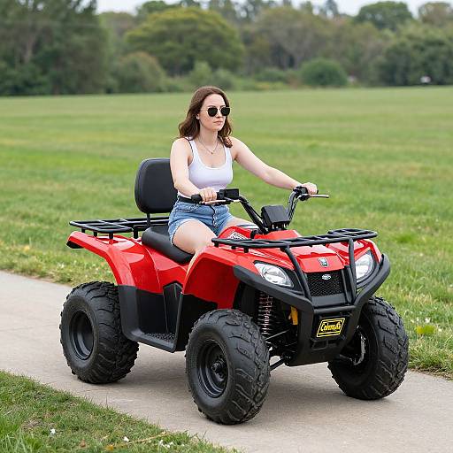 Photograph of a young woman with brown hair, wearing sunglasses, white tank top, and denim shorts, riding a red ATV on a grassy path