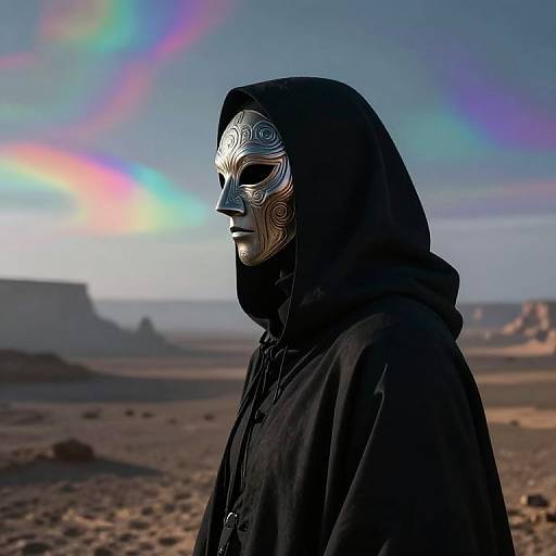 Surreal Masked Figure in Wasteland