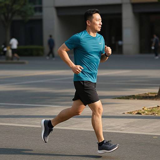 Photograph of a fit Asian man jogging in a blue shirt, black shorts, and black sneakers, with a cityscape background.