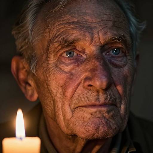 Close-up photograph of an elderly man with wrinkled skin and blue eyes, illuminated by a single lit candle, creating a warm, shadowy effect.