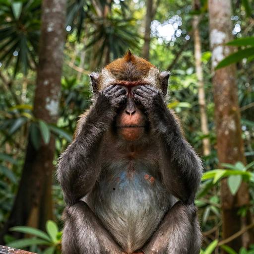Photograph of a black-faced monkey with reddish-brown head fur, covering its eyes with both hands, standing in a lush, green jungle.