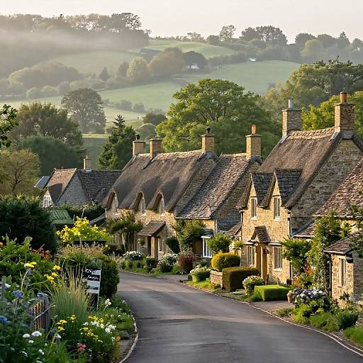 Photograph of a picturesque, sunlit English village with thatched-roof cottages, lush gardens, winding road, rolling green hills, and a