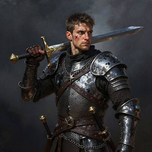 Photograph of a muscular, serious-looking male knight with short brown hair, wearing shiny, silver armor, holding a large, gold-hilted sword