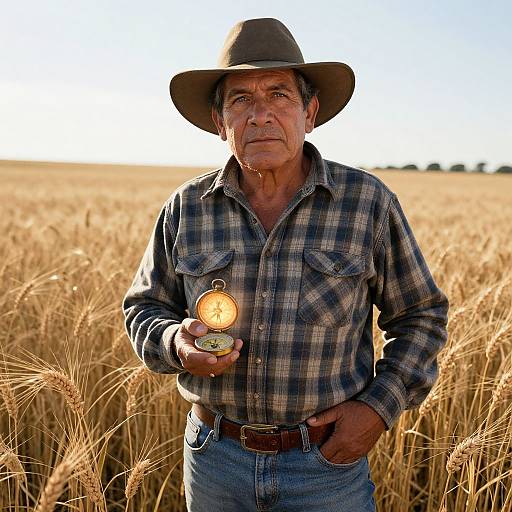 Photograph of an elderly, weathered Hispanic farmer in a brown hat, plaid shirt, and jeans, holding a wheat grain compass in a sun