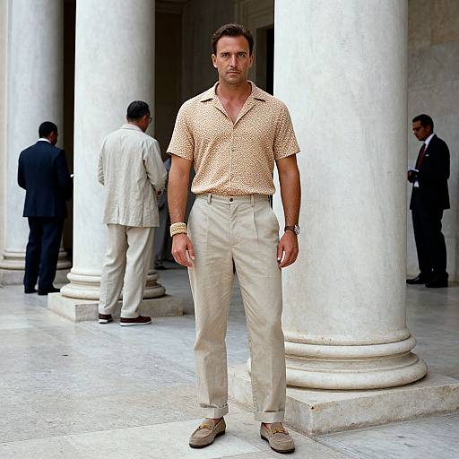 Photograph of a muscular, attractive man with short brown hair, wearing a beige polka dot shirt and beige pants, standing in front of white marble