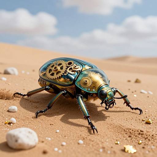 Photorealistic CGI of a metallic, iridescent beetle with intricate golden and blue patterns, crawling on a sandy beach with white seashells and