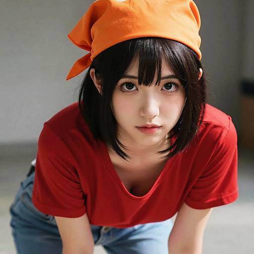 Photograph of an Asian woman with black bob hair, wearing an orange bandana, red V-neck shirt, and blue jeans, leaning forward.