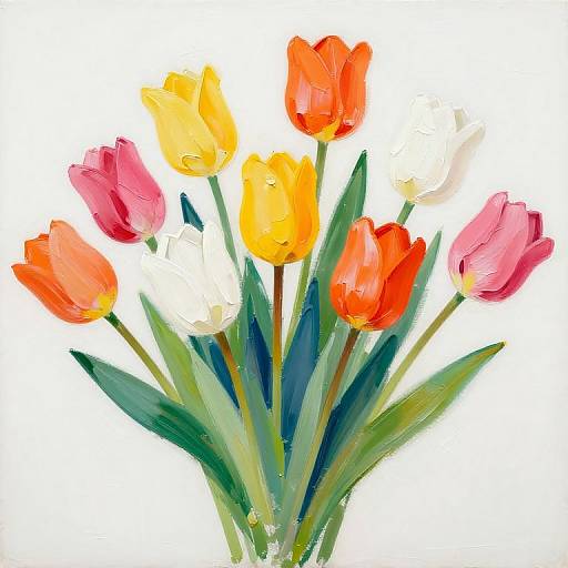 Bright watercolor painting of a bouquet featuring yellow, orange, pink, and white tulips with green leaves against a white background.