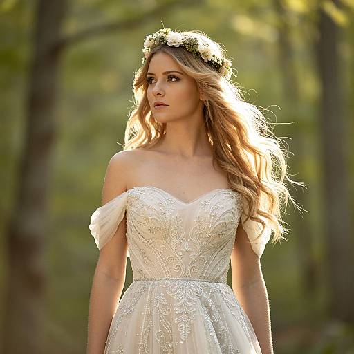 Photograph of a blonde woman with wavy hair, wearing a white, off-shoulder, lace-embellished wedding dress and a flower