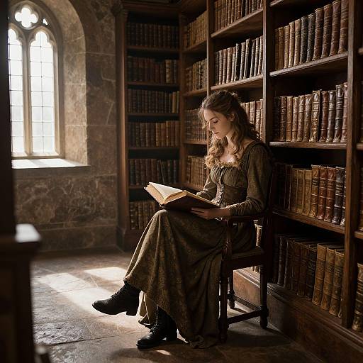 Photograph of a young woman in a medieval-style dress, sitting in a sunlit, ancient library, reading a book, with tall wooden booksh