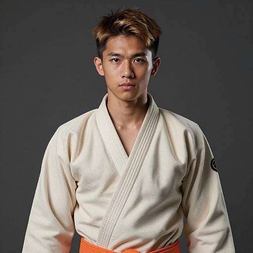 Young Martial Artist in Beige Gi with Orange Belt
