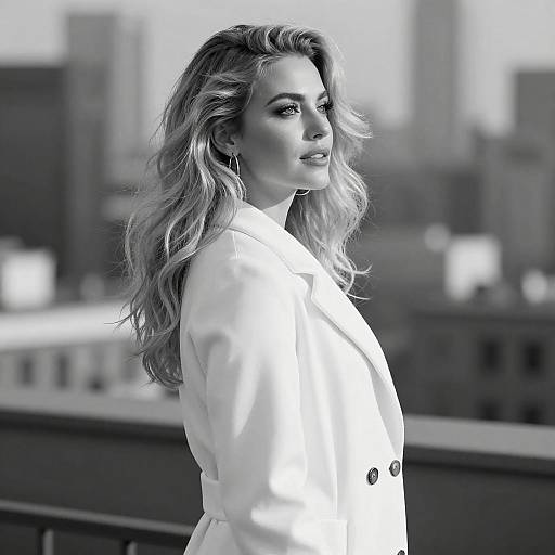 Black-and-white photograph of a beautiful woman with wavy hair, wearing a white coat, standing against a cityscape background. She gazes confidently over