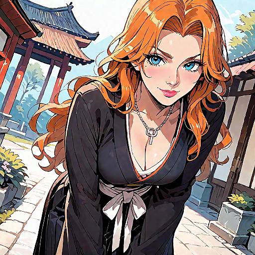 Digital anime-style drawing of a red-haired woman with blue eyes, wearing a black kimono with a white ribbon, leaning forward in a traditional Japanese courtyard