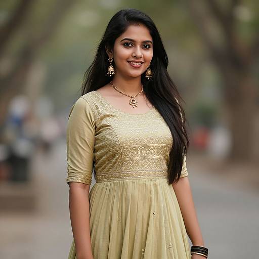 Photograph of a smiling Indian woman with long black hair, wearing a gold embroidered dress, gold jewelry, and black bracelets, standing on a blurred tree