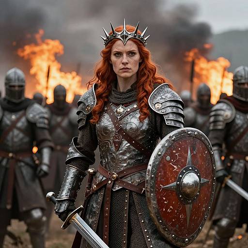Photograph-style digital artwork of a fierce red-haired warrior woman in medieval armor, crown, shield, and sword, standing before blazing flames and armored soldiers