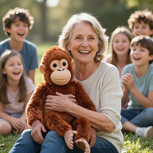 Photograph of an elderly woman with short gray hair, wearing a white sweater, smiling while holding a brown monkey toy, surrounded by laughing children in a