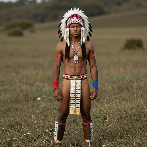 Photograph of a muscular, dark-skinned man in traditional Native American attire, featuring a white and red feathered headdress, arm bands, and