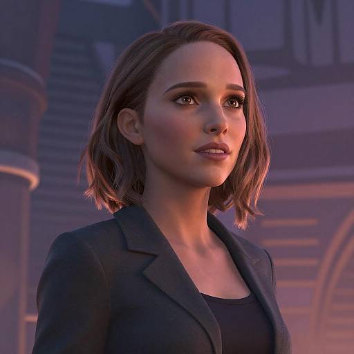 CGI portrait of a white woman with shoulder-length brown hair, wearing a black blazer, in a blue and purple lit background.
