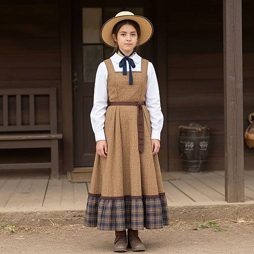 Photograph of a young Asian girl in a brown checkered pinafore dress with plaid trim, white blouse, black bow, straw hat,