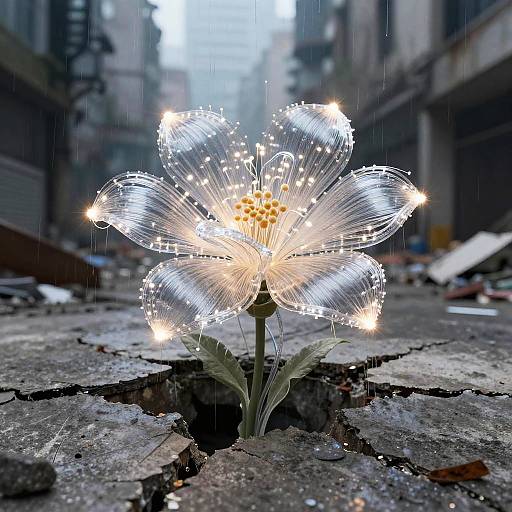 Photograph of a glowing, wire-frame flower with sparkling lights in a rainy, urban alleyway, surrounded by cracked pavement and blurred city buildings.