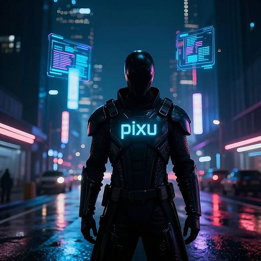 Cyberpunk silhouette of a futuristic soldier in dark armor with glowing 