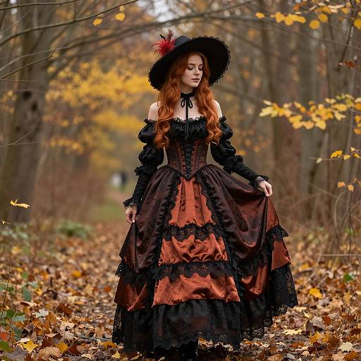 Woman in Victorian Halloween Dress in Autumn Forest