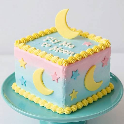 Photograph of a pastel blue and pink square cake adorned with yellow stars, crescent moons, and piped yellow frosting, topped with a yellow