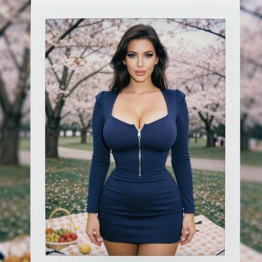 Photograph of a curvy woman with long dark hair, wearing a tight, dark blue zip-up dress, standing in a cherry blossom park, with