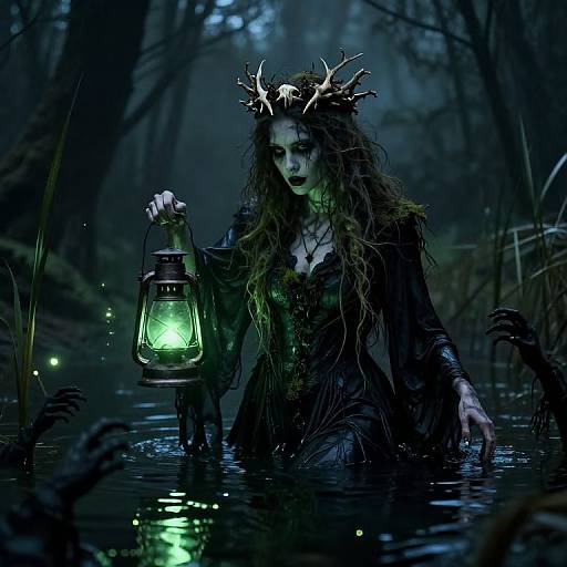 Mysterious woman with antler crown, pale face, and dark wet dress holds glowing lantern in eerie, dark forest pond. Digital art.