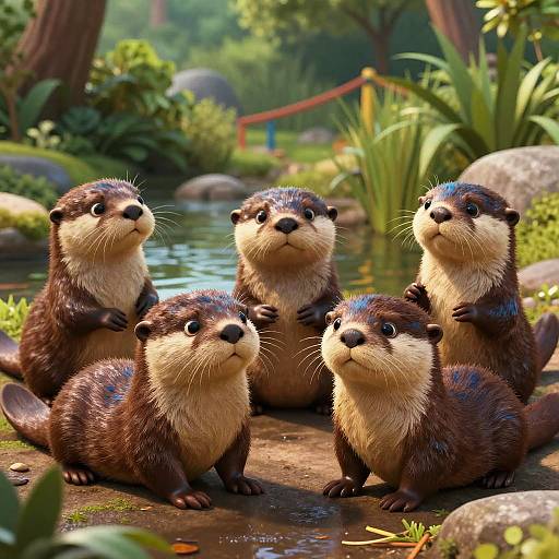 Photorealistic digital artwork of six adorable otter cubs with wet, dark brown and creamy beige fur, standing in a lush, sunny forest stream