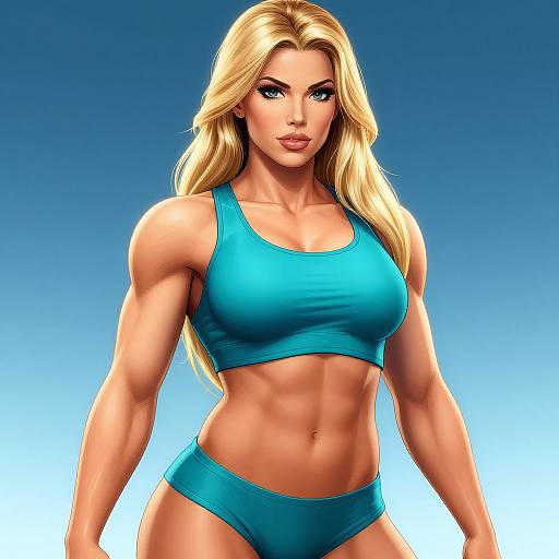 Digital artwork of a muscular blonde woman with blue eyes, wearing a blue sports bra and matching underwear, standing against a gradient blue background.