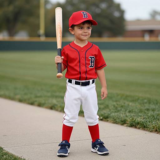 Photograph of a young boy in a red baseball uniform with white pants and red socks, holding a bat, standing on a grassy field.
