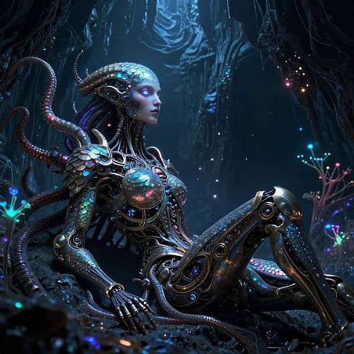 Digital art of a glowing, cybernetic alien woman with horned head, colorful lights, and intricate mechanical limbs, sitting in a dark, bi