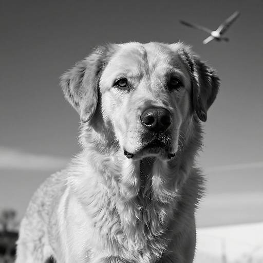 Black-and-white photograph of a medium-sized, fluffy dog with a serious expression, looking directly at the camera, with a bird in flight in the background