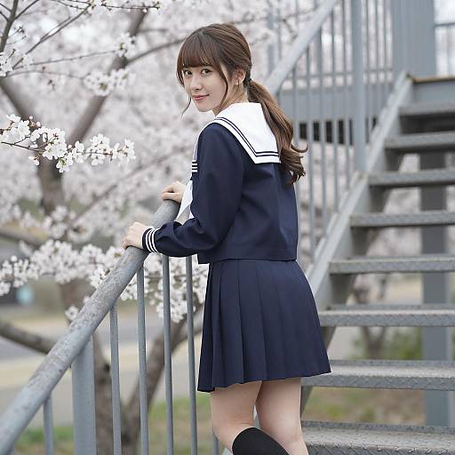 Smiling Asian Schoolgirl on Metal Stairs