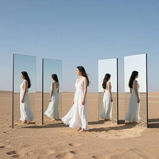 Photograph of a woman with long black hair in a flowing white dress, standing in a desert with five mirrored panels reflecting her image against a clear blue