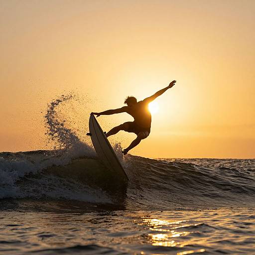 Photograph of a silhouetted surfer riding a wave at sunset, with the sun perfectly aligned behind them, creating a golden-orange sky and