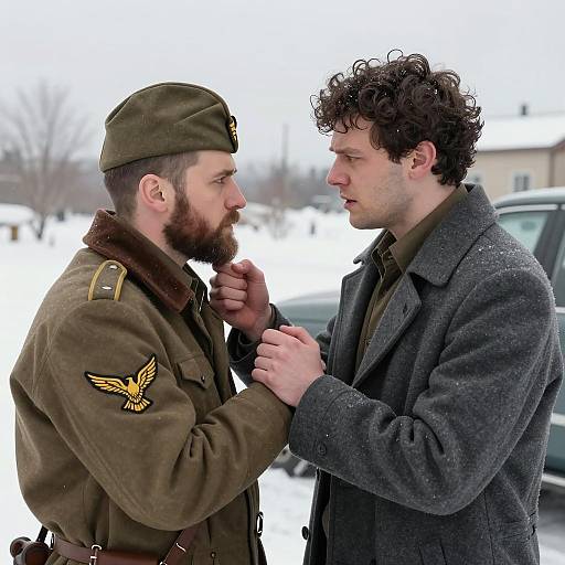 Winter confrontation between two men in military attire