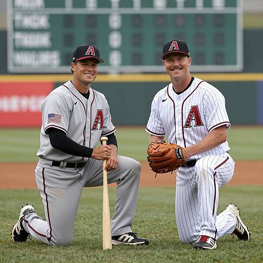 Two Baseball Players Kneeling on Field